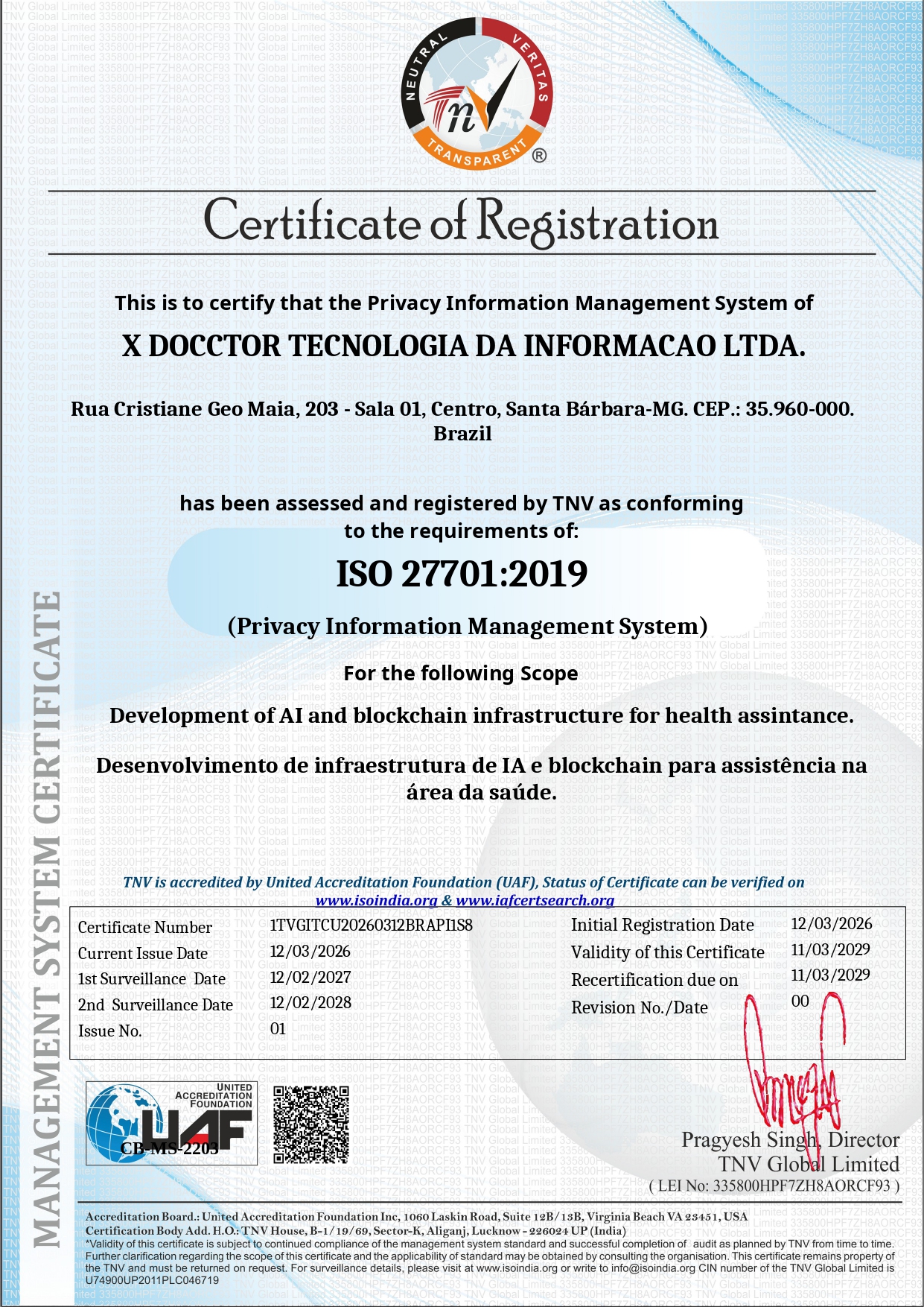 Certificado ISO 27701 da Xdocctor