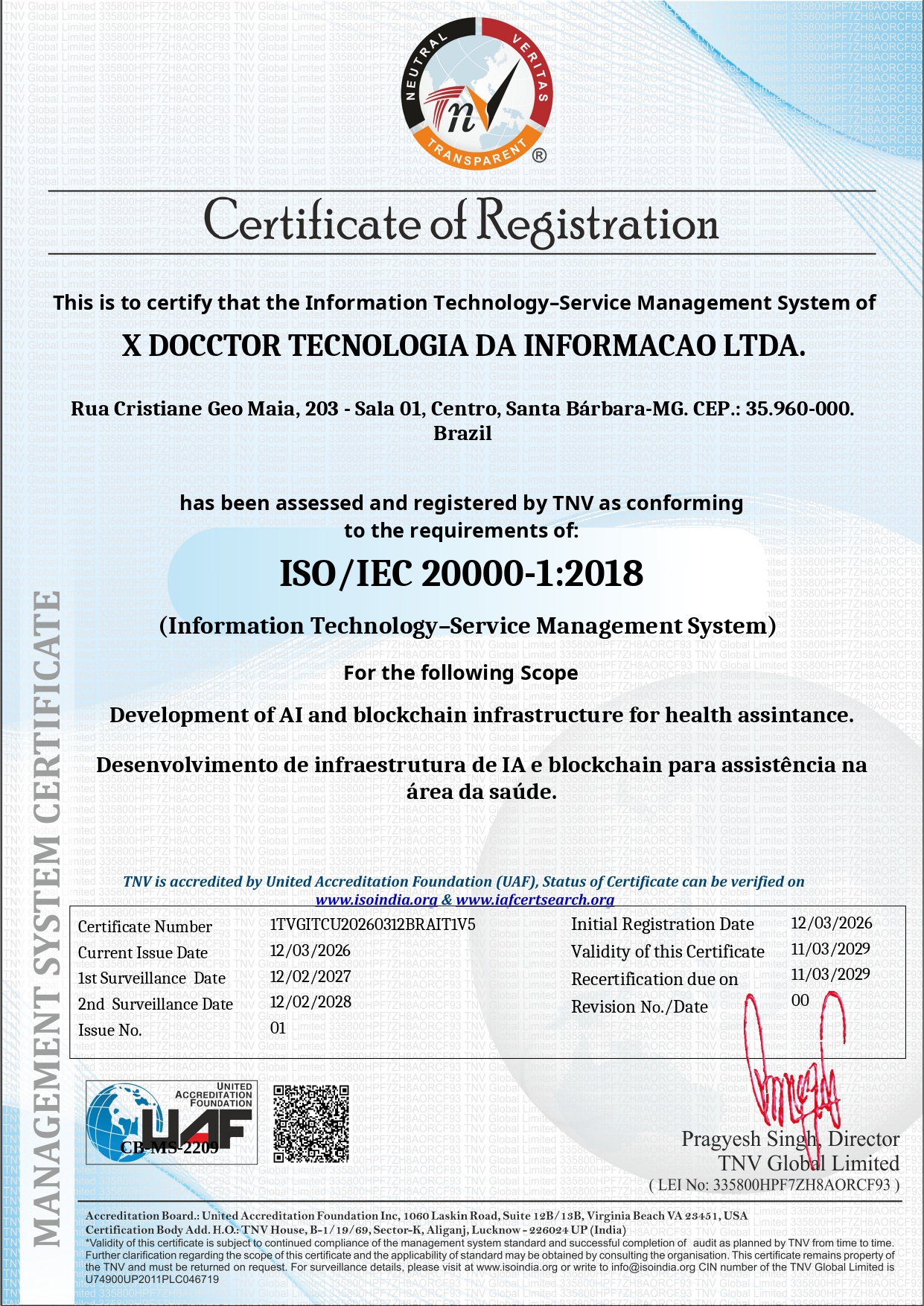 Certificado ISO 20000-1 da Xdocctor